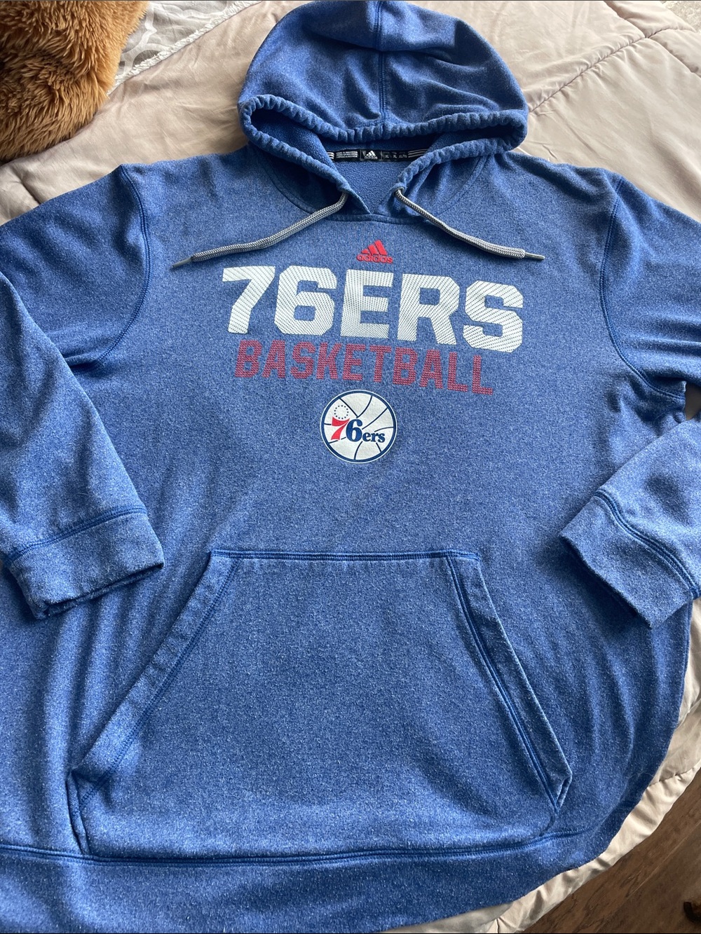 adidas Blue 76ERS Basketball Pullover Hoodie with Red & White Accents
